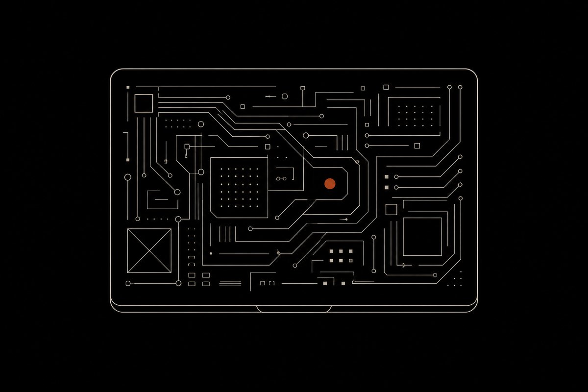 Abstract laptop silhouette as a closed perimeter, with inference contained inside, on deep ink black