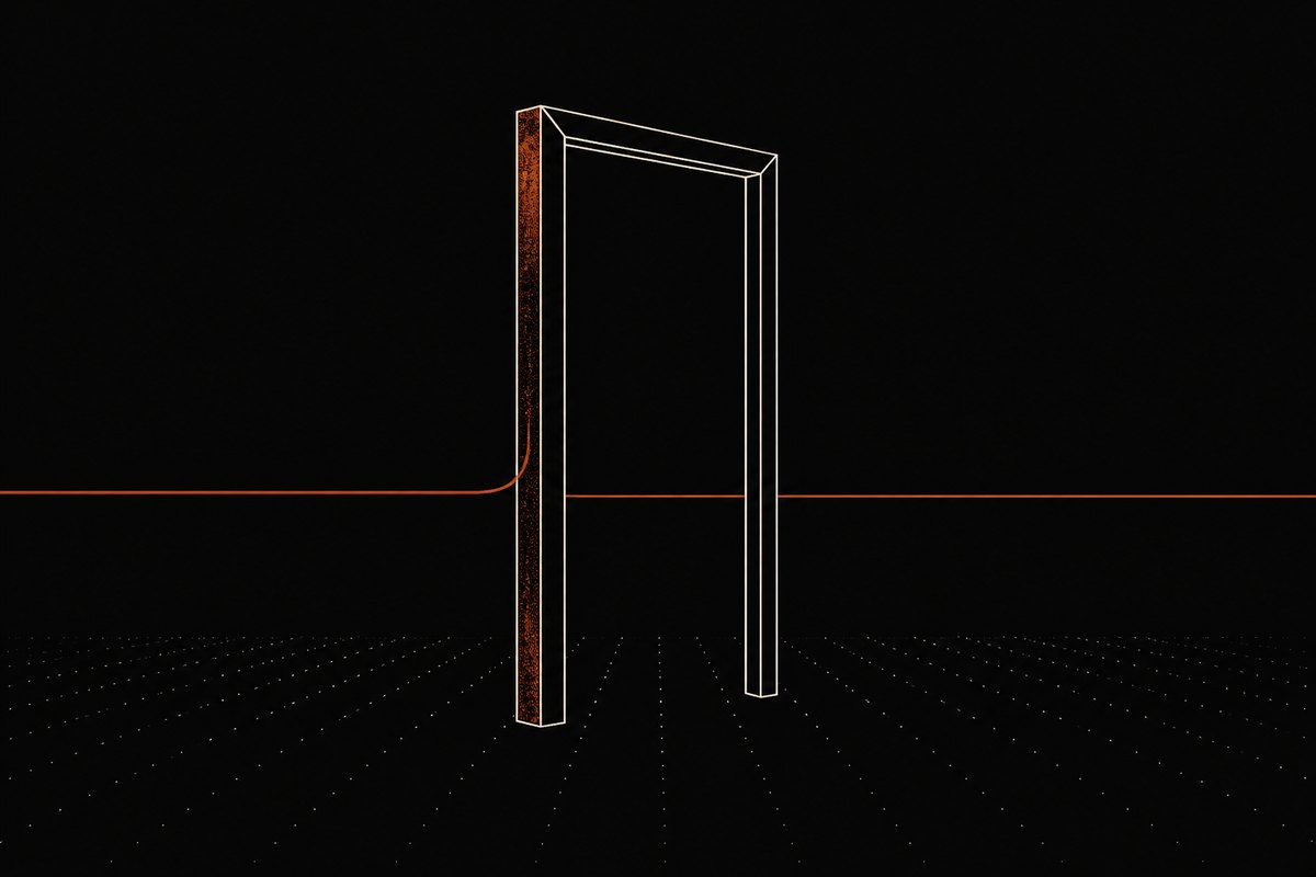 A single calm gate standing open on a wide plane, a thin thread walking straight past it instead of through it