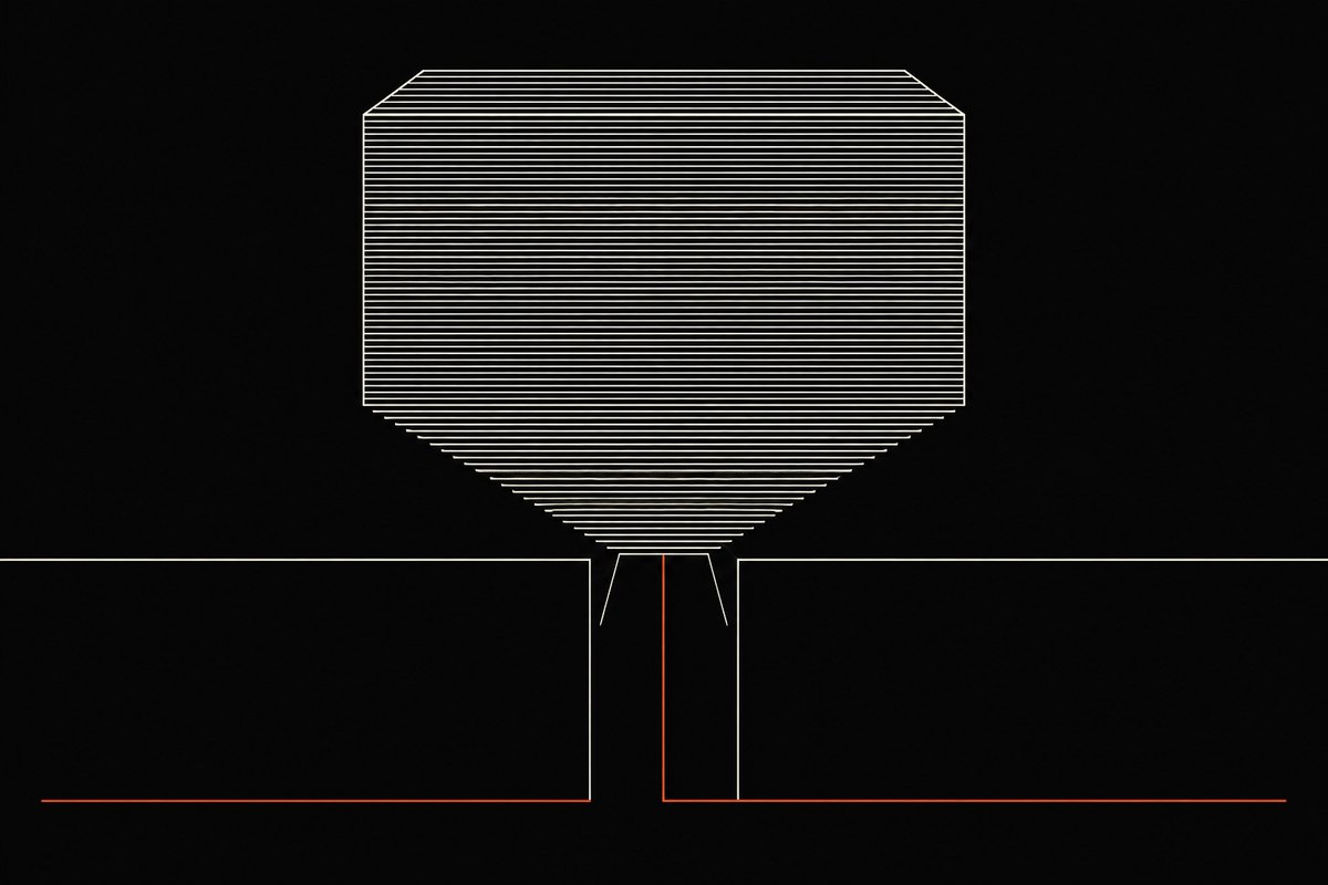 Abstract illustration: a dense block of stacked lines descending toward a narrow aperture, with a single thin rust-coloured line passing through alone